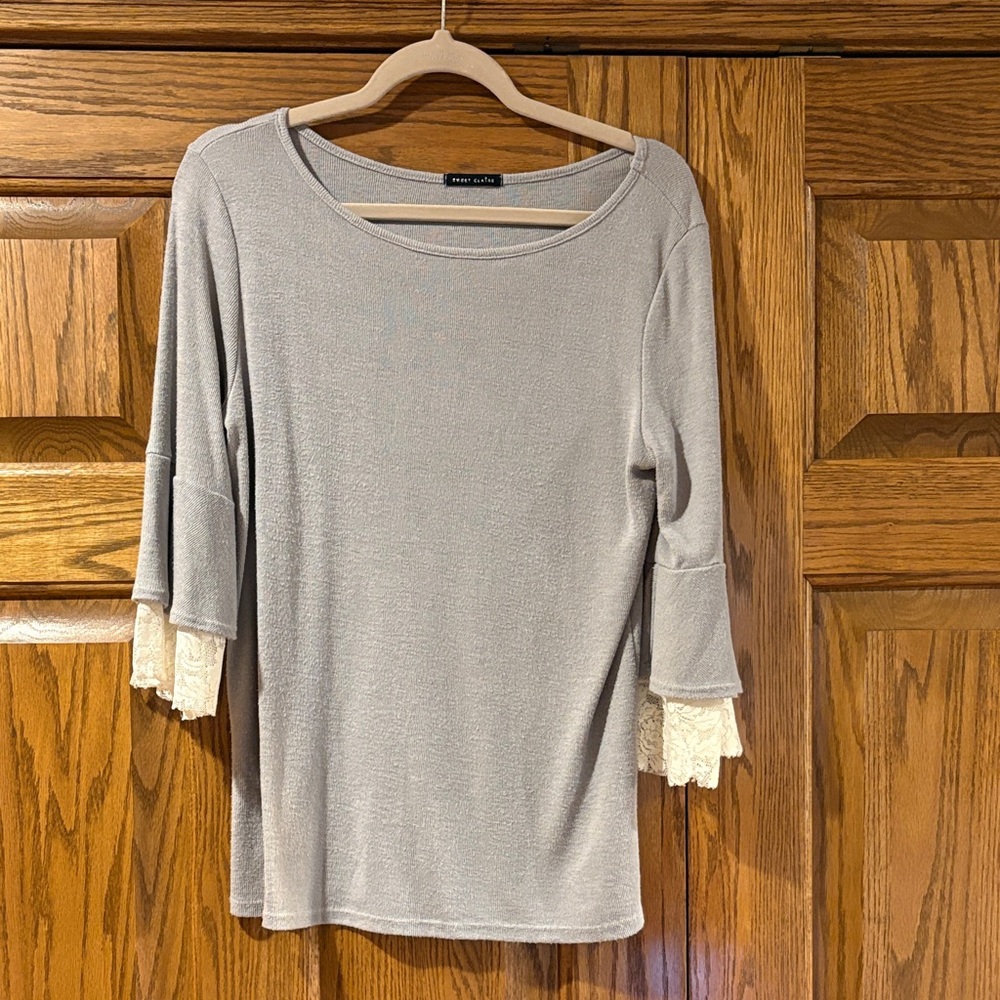 Sweet Claire Gray Long Sleeve Top with Lace Cuffs